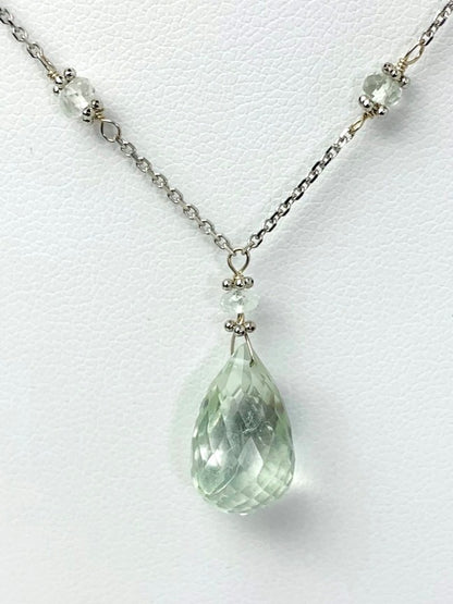 16"-17" Aquamarine Station Necklace With Center Drop in 14KW - NCK-503-DRPGM14W-AQ-17
