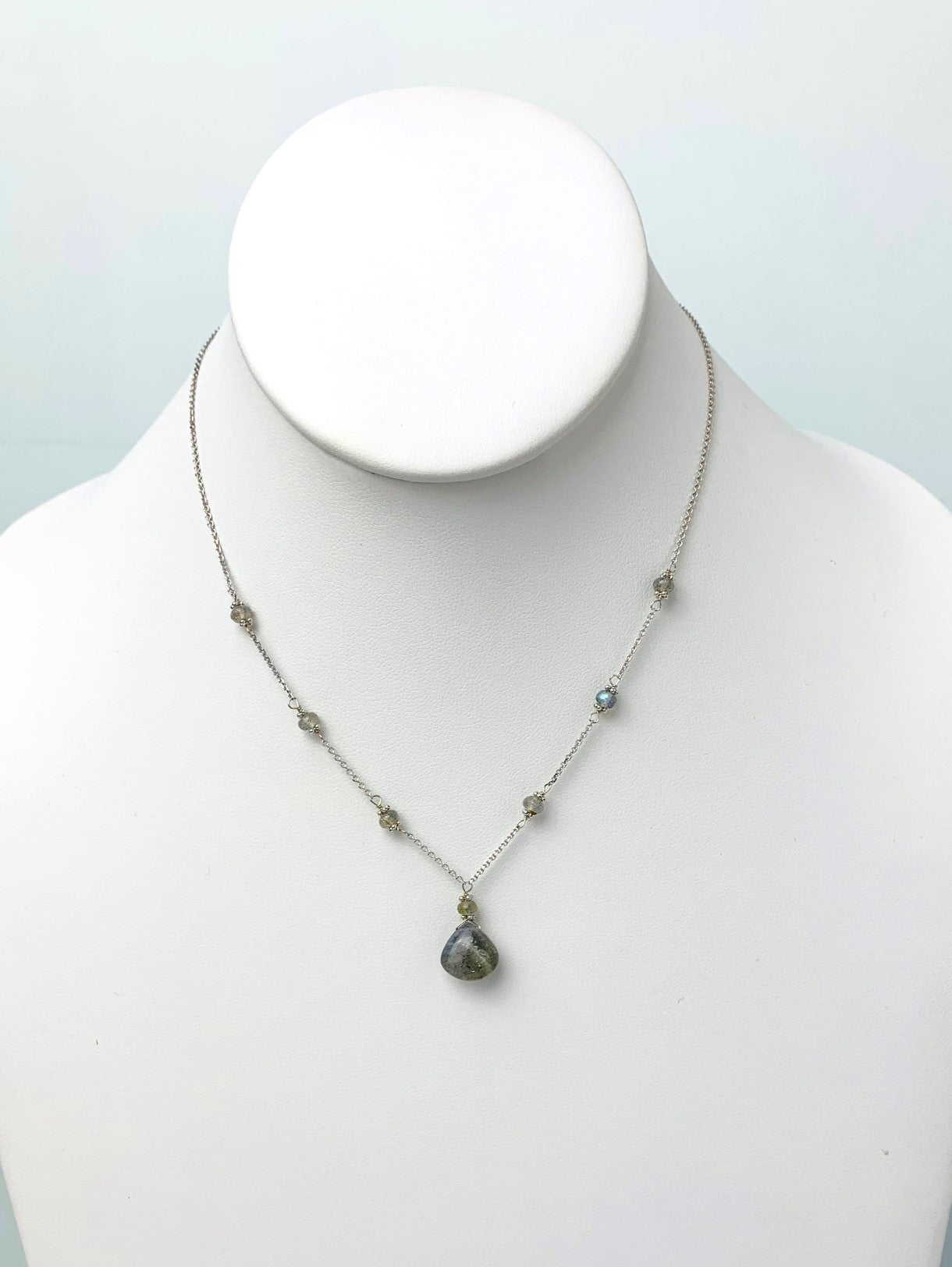 15"-16" Labradorite Station Necklace With Center Drop in 14KW - NCK-504-DRPGM14W-LAB-16
