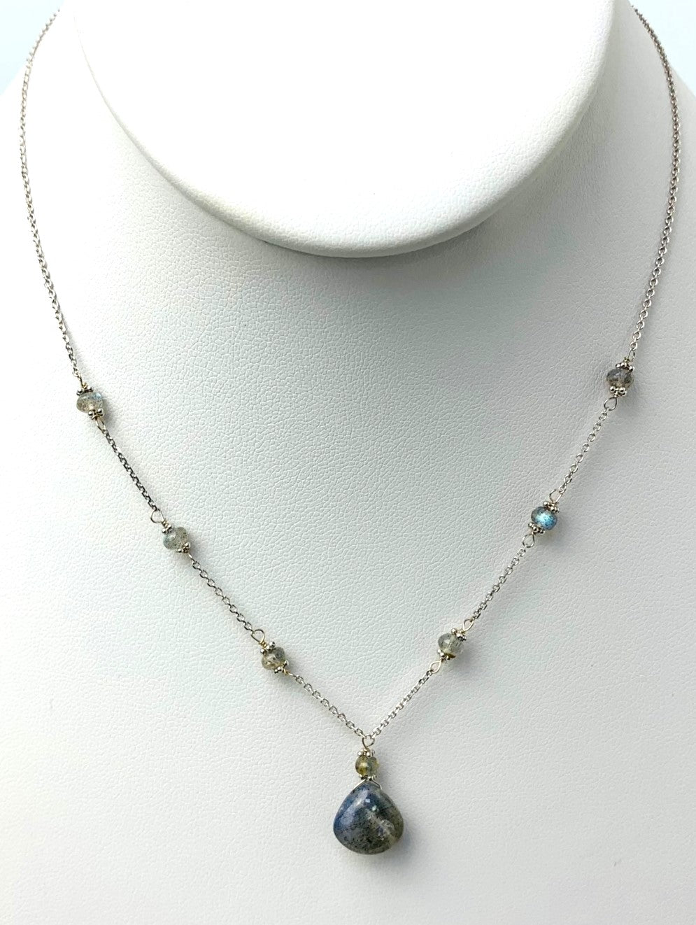 15"-16" Labradorite Station Necklace With Center Drop in 14KW - NCK-504-DRPGM14W-LAB-16