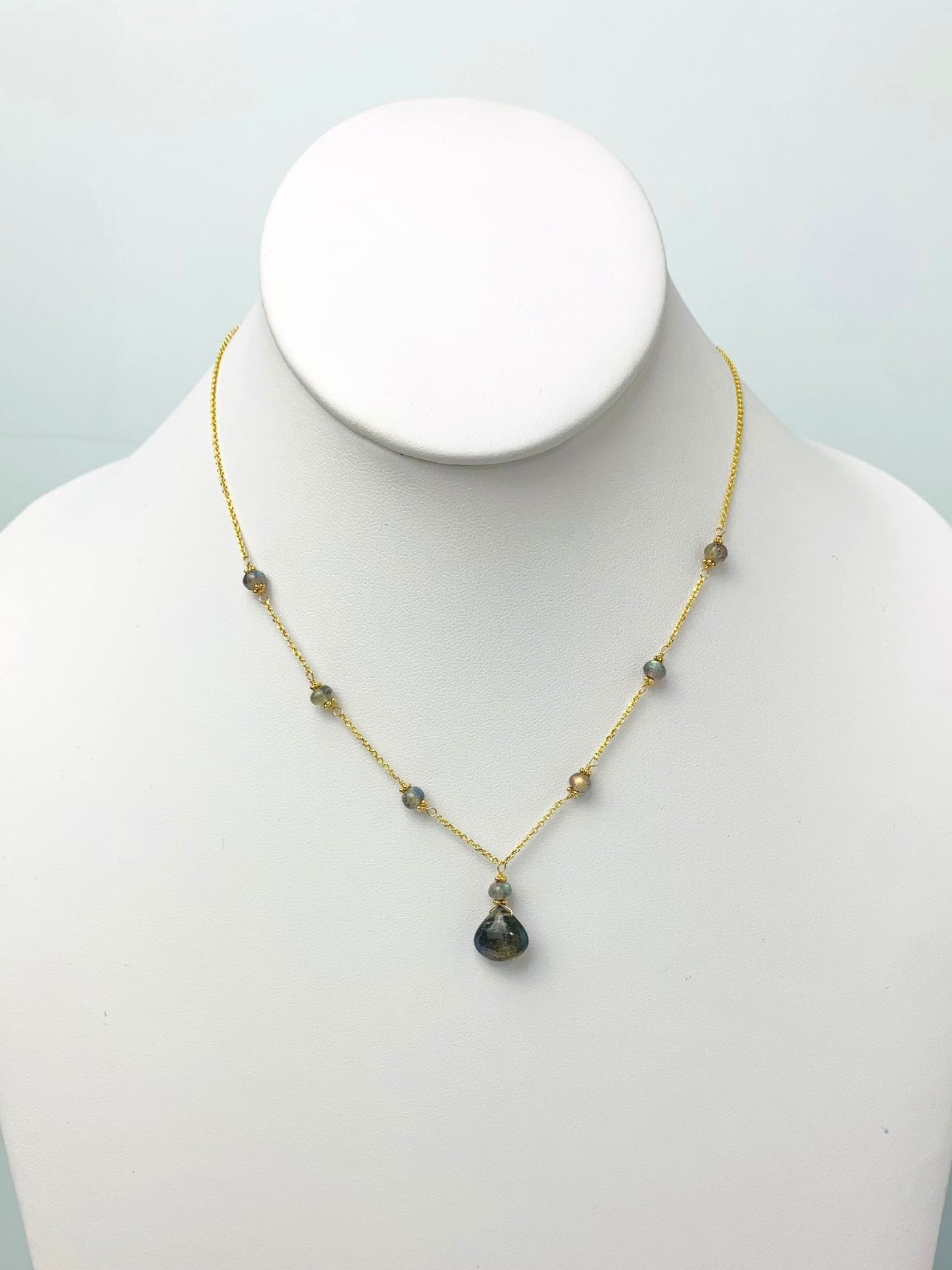 16"-17" Labradorite Station Necklace With Center Drop in 14KY - NCK-504-DRPGM14Y-LAB-17