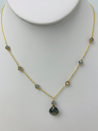 16"-17" Labradorite Station Necklace With Center Drop in 14KY - NCK-504-DRPGM14Y-LAB-17