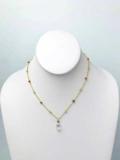 16"-17" White Topaz And Garnet Station Necklace With Center Drop in 14KY - NCK-505-DRPGM14Y-WTGNT-17