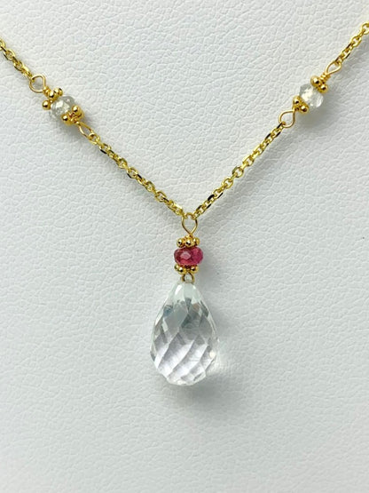 16"-17" White Topaz And Garnet Station Necklace With Center Drop in 14KY - NCK-505-DRPGM14Y-WTGNT-17