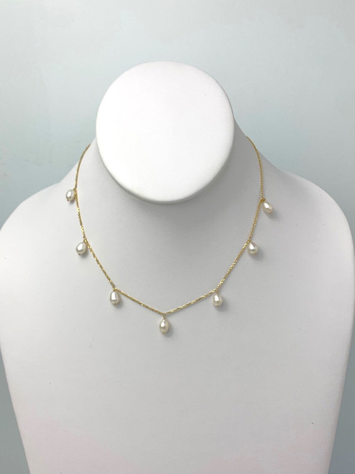15" White Pearl 7 Station Dangly Necklace in 14KY - NCK-527-DNGPRL14Y-WH-15