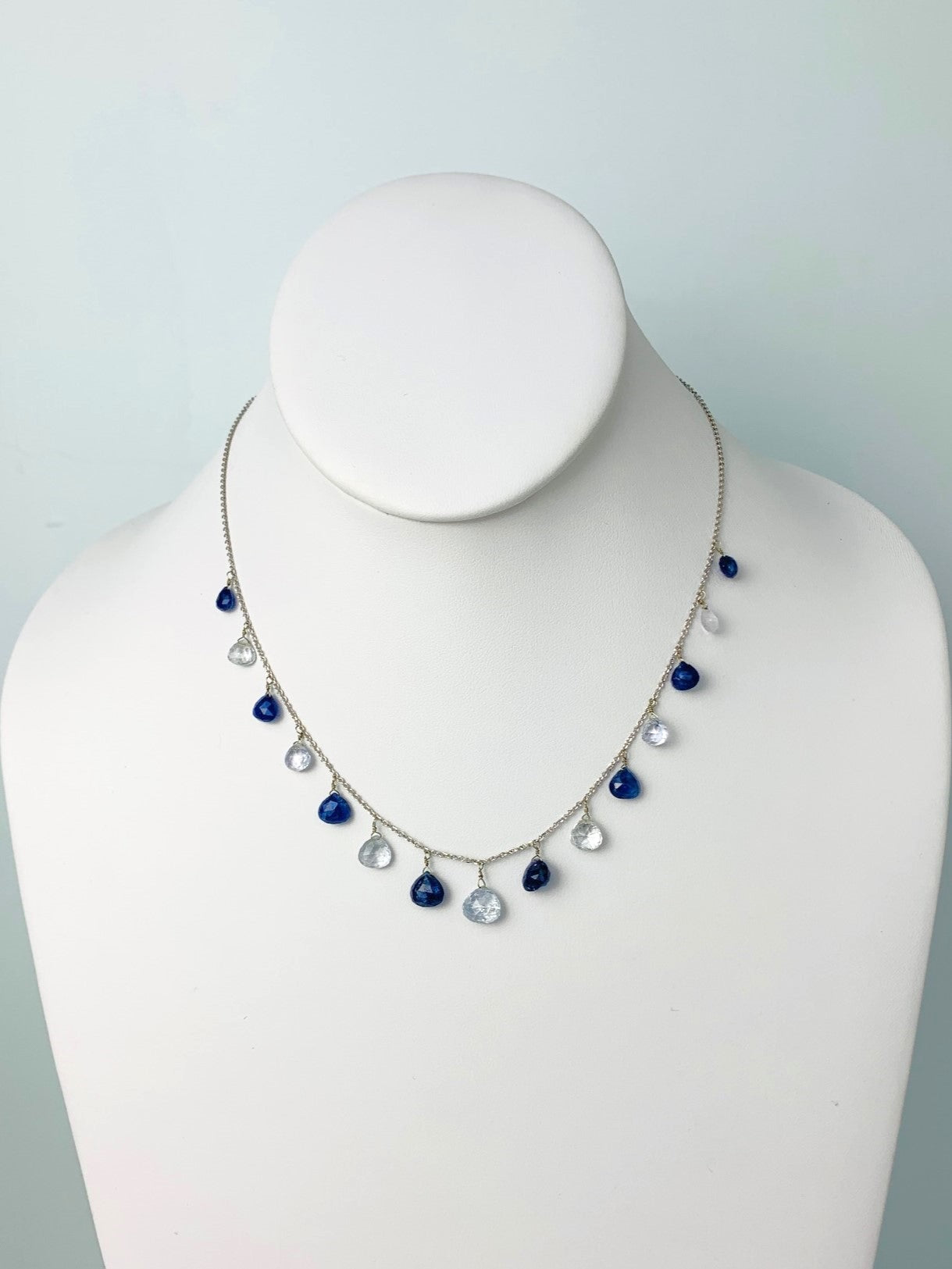 16" Blue And White Sapphire 15 Station Dangly Necklace in 18KW - NCK-625-DNGGM18W-BSWS-16