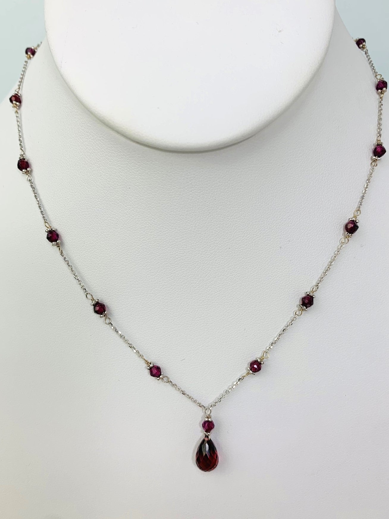15-16" Garnet Station Necklace With Pear Drop Center in 14KW - NCK-394-TNCDRPGM14W-GNT-16