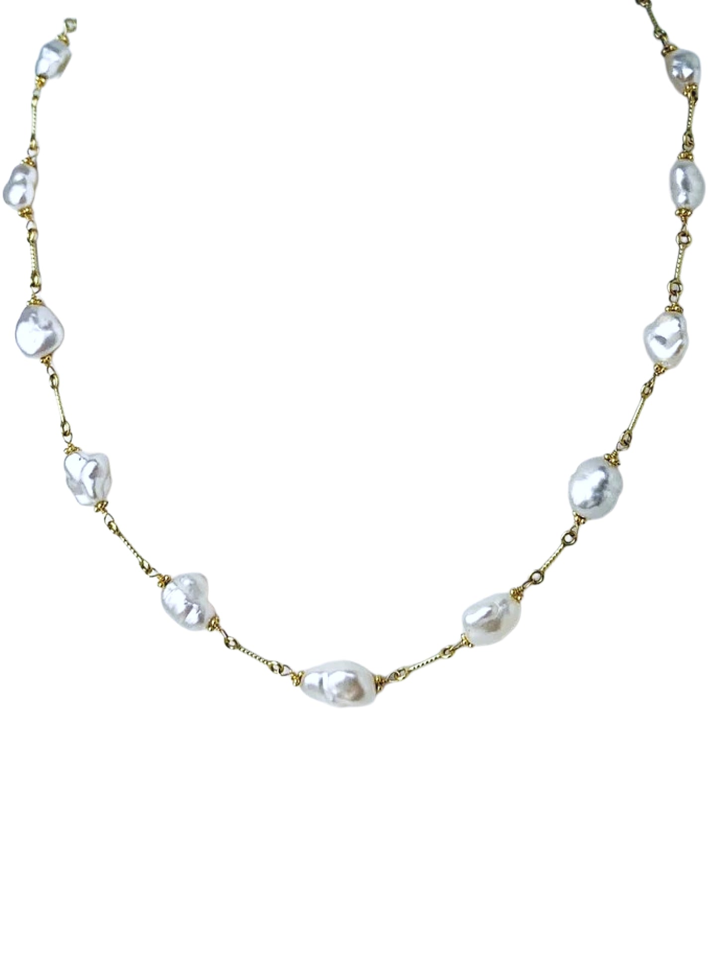 15.5" White Keshi Pearl Station Necklace On Fun Chain in 14KY - NCK-630-TNCPRL14Y-WH-15.6