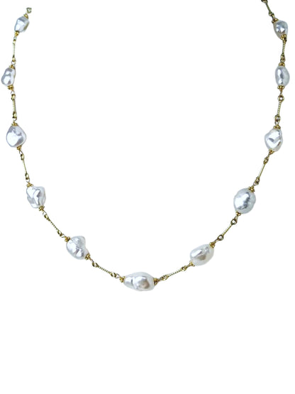 15.5" White Keshi Pearl Station Necklace On Fun Chain in 14KY - NCK-630-TNCPRL14Y-WH-15.6