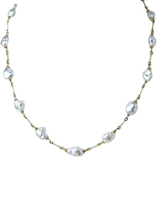 15.5" White Keshi Pearl Station Necklace On Fun Chain in 14KY - NCK-630-TNCPRL14Y-WH-15.6