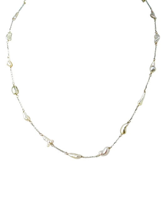 17" Keshi Pearl Station Necklace in 14KW - NCK-637-TNCPRL14W-WH-17