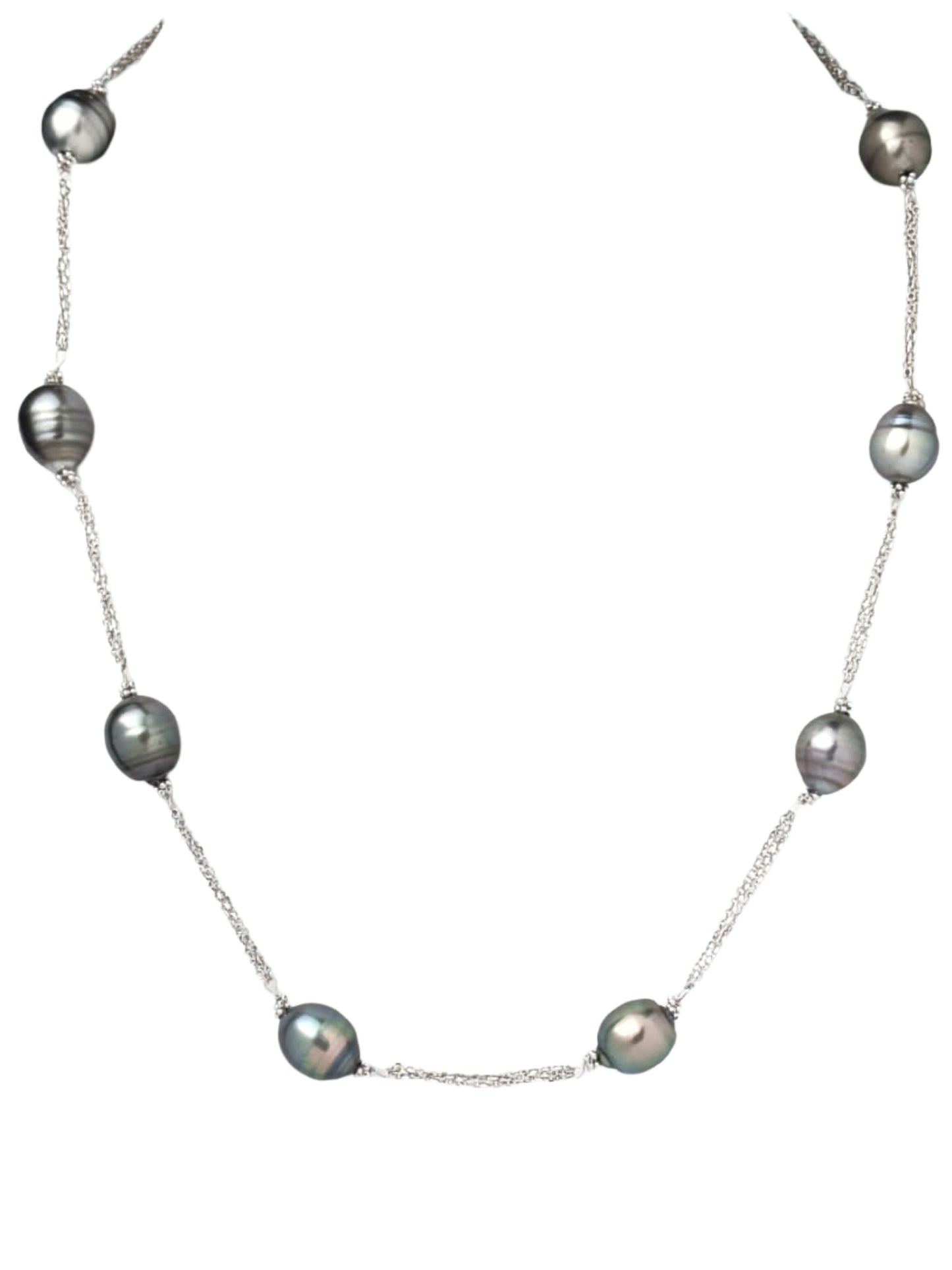 18" Tahitian Pearl 8 Station Necklace with Triple Chain  in 14KW - NCK-798