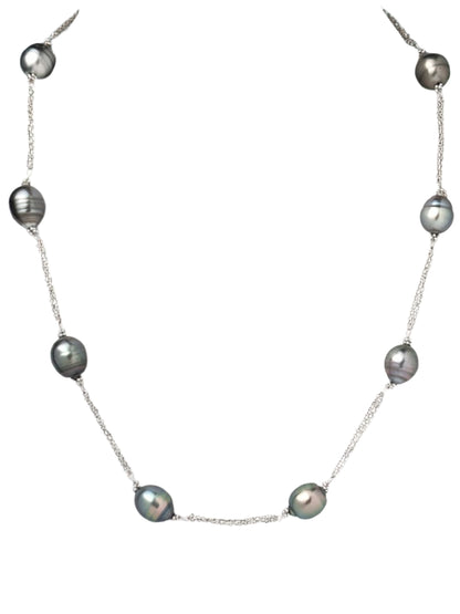 18" Tahitian Pearl 8 Station Necklace with Triple Chain  in 14KW - NCK-798