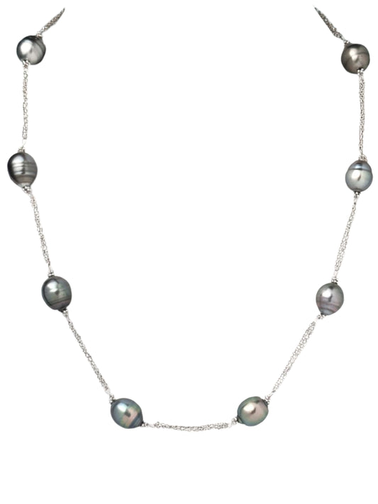 18" Tahitian Pearl 8 Station Necklace with Triple Chain  in 14KW - NCK-798