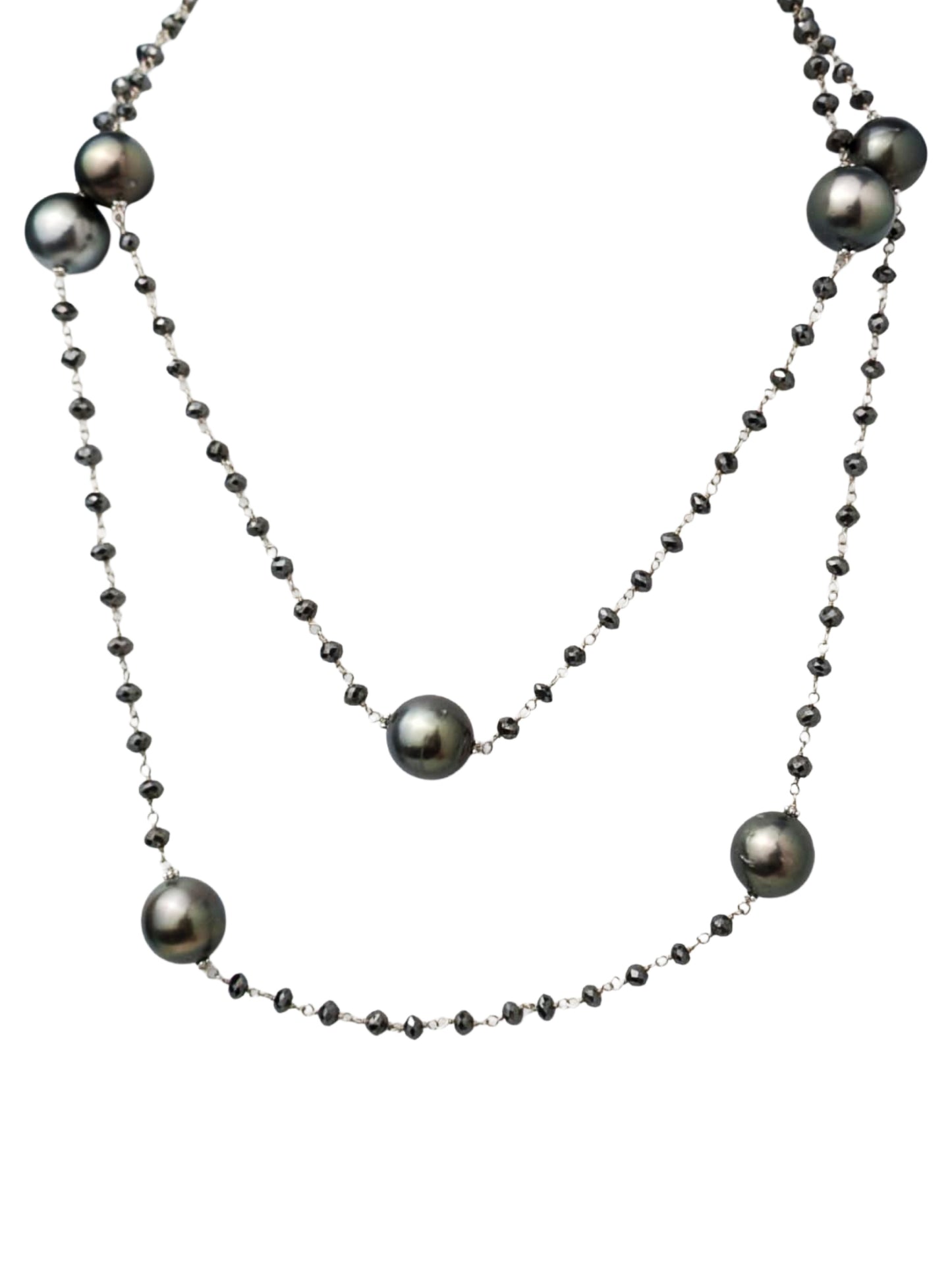 36" Tahitian Pearl and Black Diamond Rosary Necklace in 14KW - NCK-765