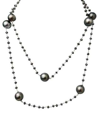 36" Tahitian Pearl and Black Diamond Rosary Necklace in 14KW - NCK-765