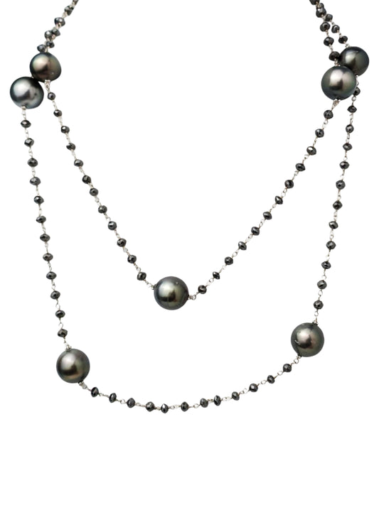 36" Tahitian Pearl and Black Diamond Rosary Necklace in 14KW - NCK-765