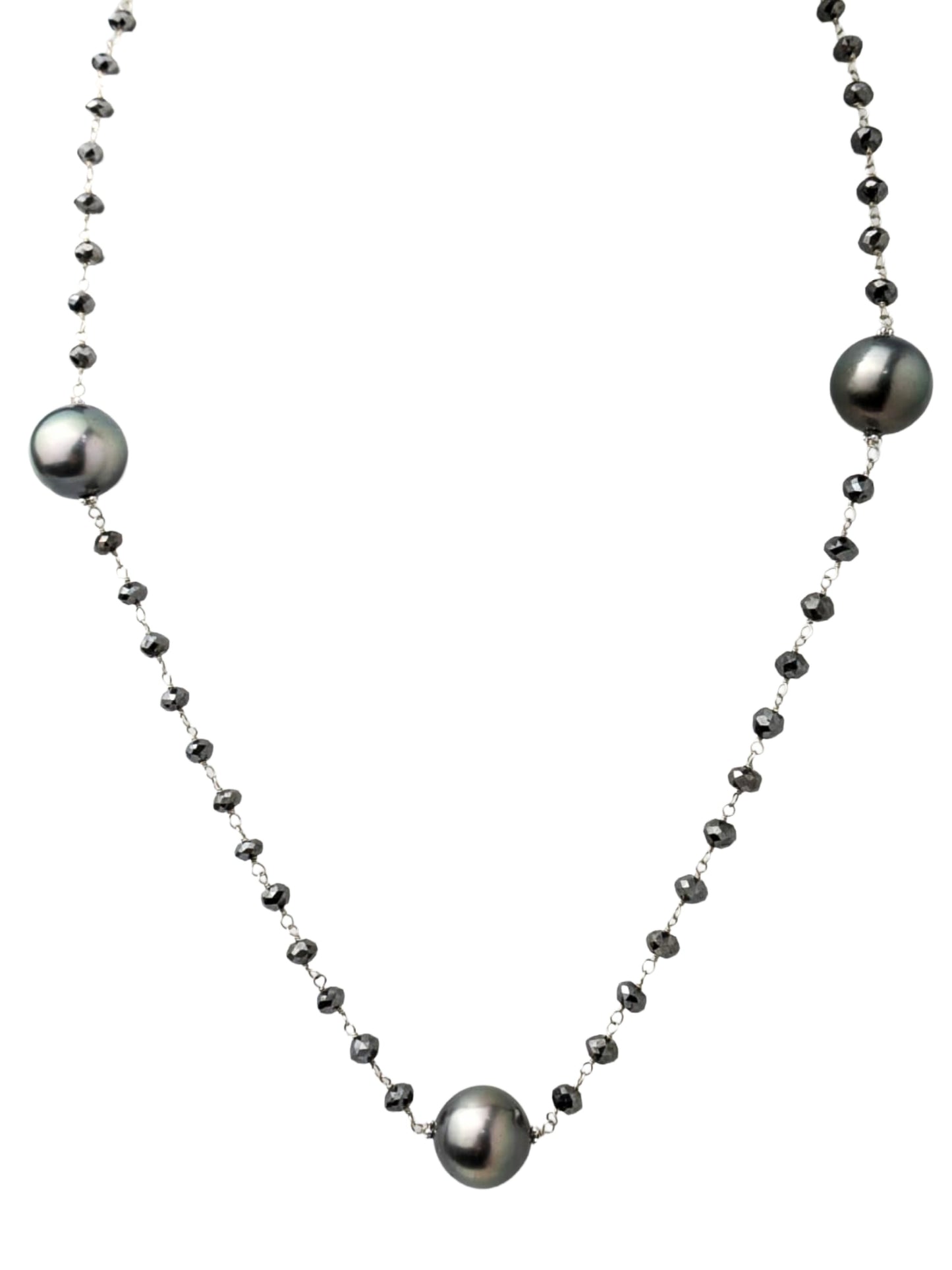 36" Tahitian Pearl and Black Diamond Rosary Necklace in 14KW - NCK-765