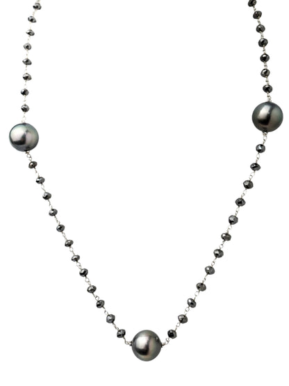 36" Tahitian Pearl and Black Diamond Rosary Necklace in 14KW - NCK-765
