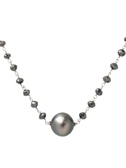 36" Tahitian Pearl and Black Diamond Rosary Necklace in 14KW - NCK-765