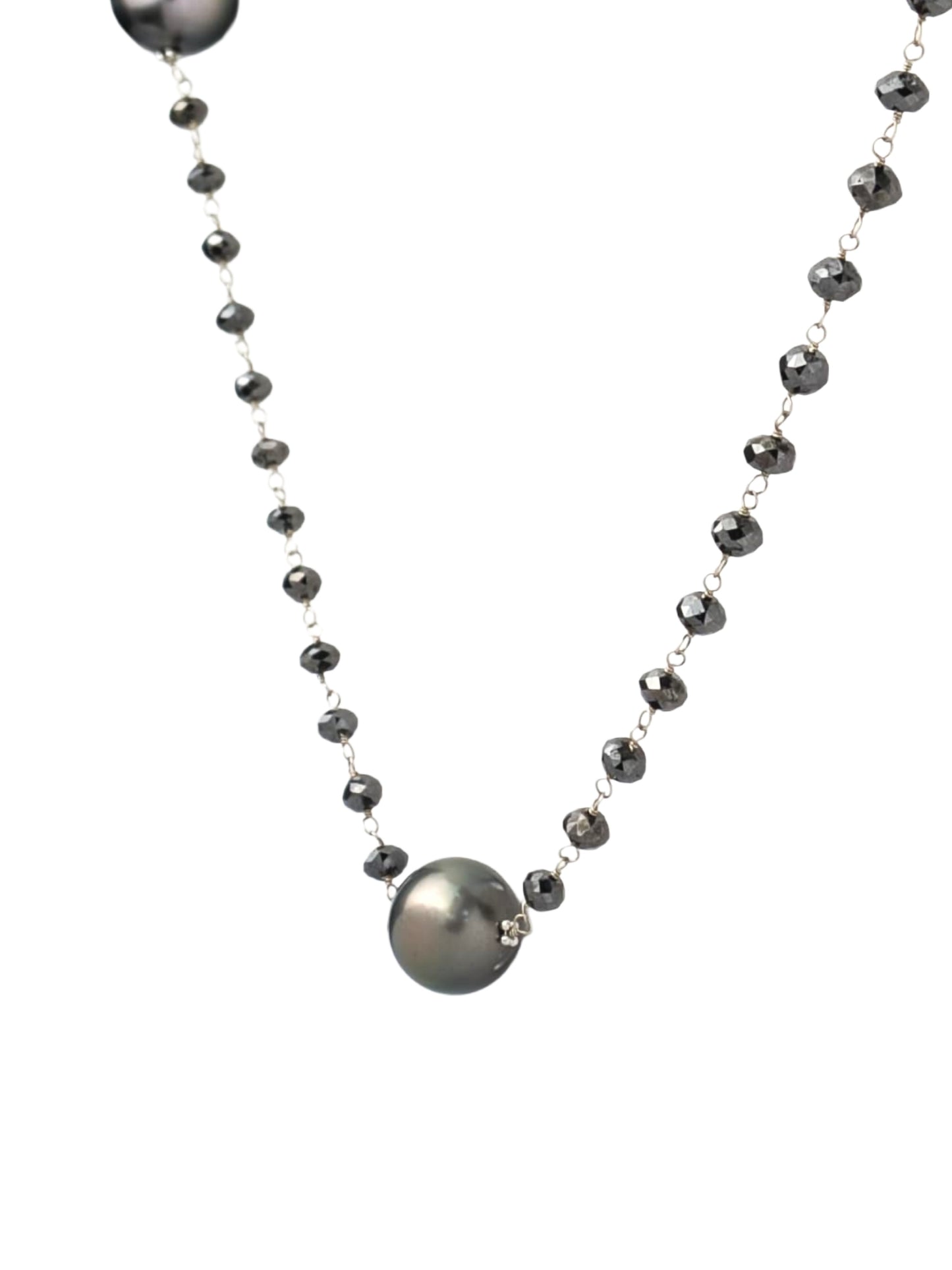 36" Tahitian Pearl and Black Diamond Rosary Necklace in 14KW - NCK-765