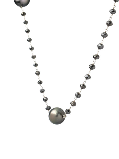 36" Tahitian Pearl and Black Diamond Rosary Necklace in 14KW - NCK-765