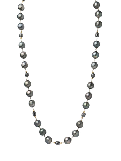 27" Tahitian Pearl and Black Diamond Rosary Necklace in 14KY - NCK-768