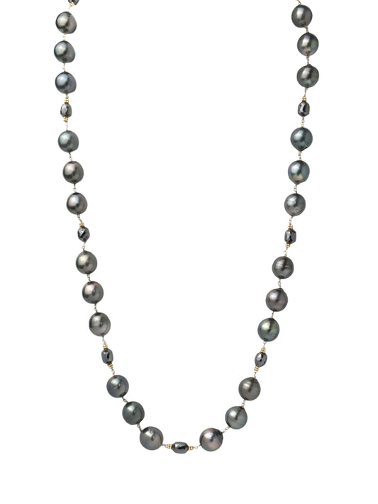 27" Tahitian Pearl and Black Diamond Rosary Necklace in 14KY - NCK-768