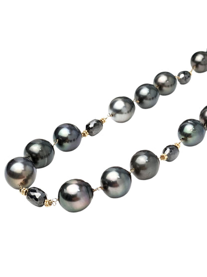 27" Tahitian Pearl and Black Diamond Rosary Necklace in 14KY - NCK-768