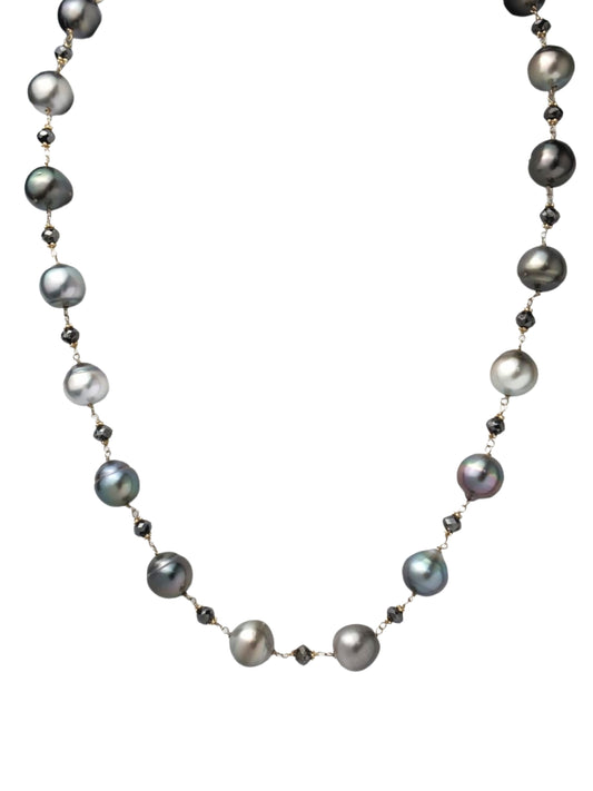 20" Tahitian Pearl and Black Diamond Rosary Necklace in 14KY - NCK-767