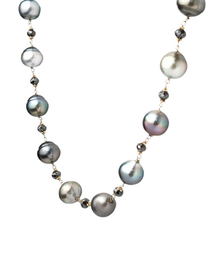 20" Tahitian Pearl and Black Diamond Rosary Necklace in 14KY - NCK-767