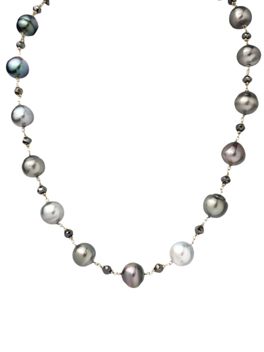 18" Tahitian Pearl and Black Diamond Rosary Necklace in 14KY - NCK-766