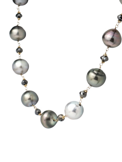 18" Tahitian Pearl and Black Diamond Rosary Necklace in 14KY - NCK-766