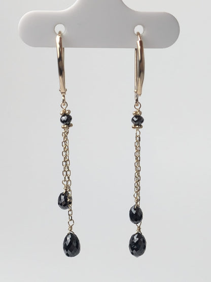 Black Diamond  Lariat Earrings in 14K Gold