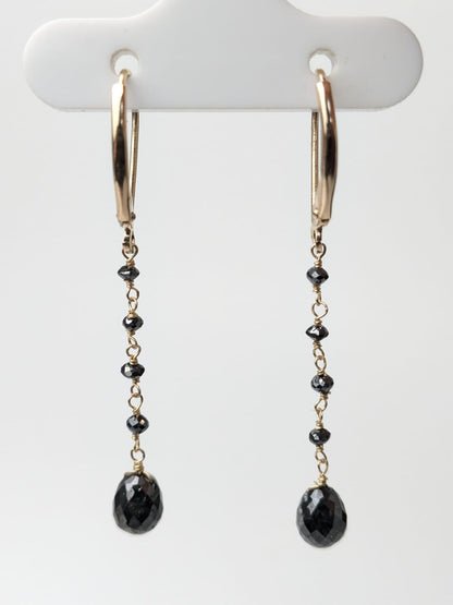 Black Diamond Long Drop Earrings in 14KY and 14KW