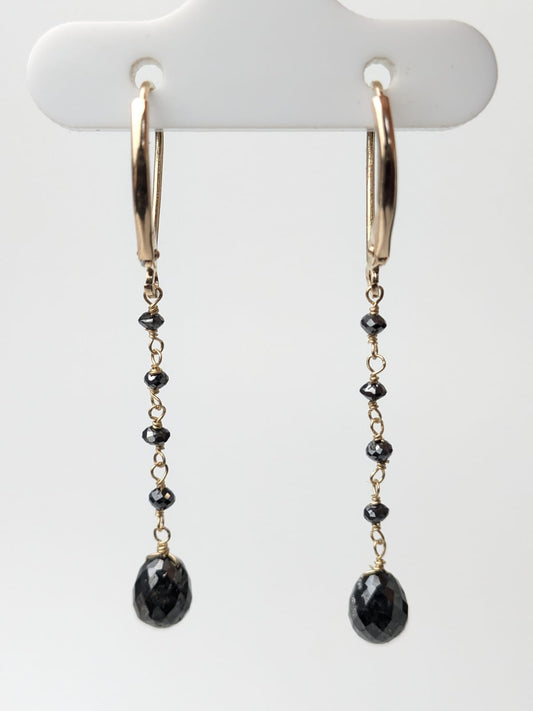 Black Diamond Long Drop Earrings in 14KY and 14KW