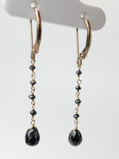 Black Diamond Long Drop Earrings in 14KY and 14KW