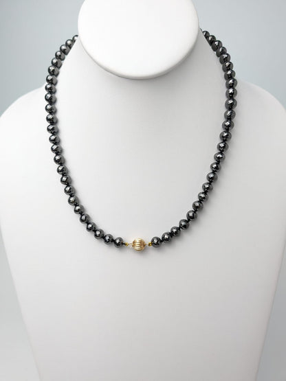 Black Diamond Round Solid Strand Knotted Necklace in 14KY Gold 7mm-8.5mm Bead Size