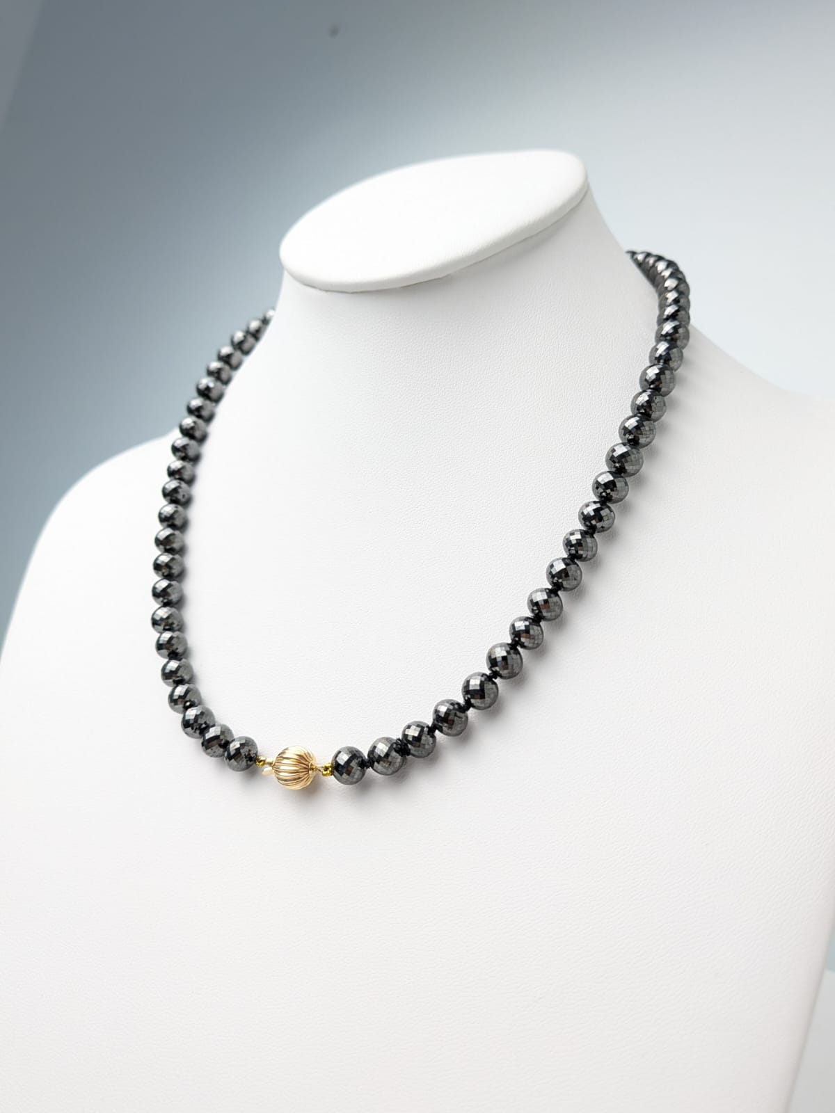 Black Diamond Round Solid Strand Knotted Necklace in 14KY Gold 7mm-8.5mm Bead Size