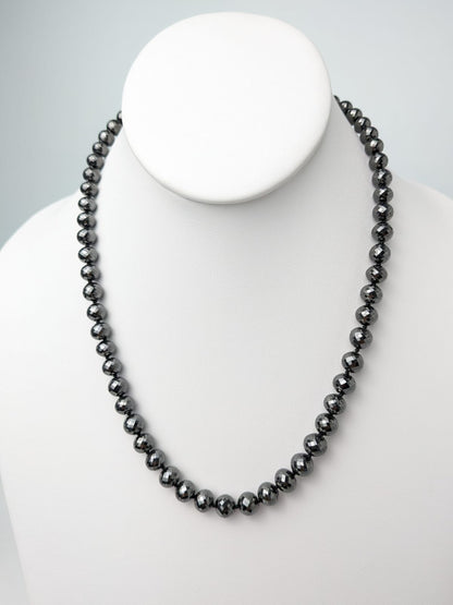 Black Diamond Round Solid Strand Knotted Necklace in 14KY Gold 7mm-8.5mm Bead Size