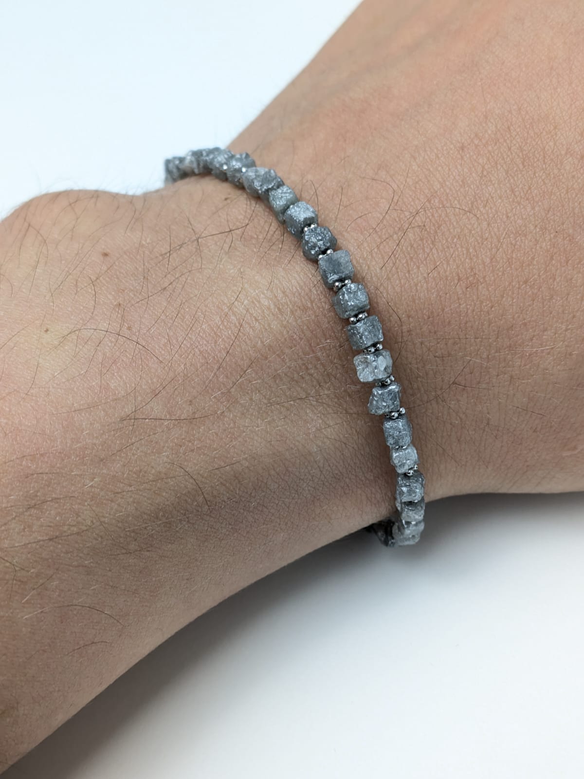 Grey Diamond Cube Solid Strand Bracelet with Rondelle Accents in 14KW Gold 4mm Bead Size