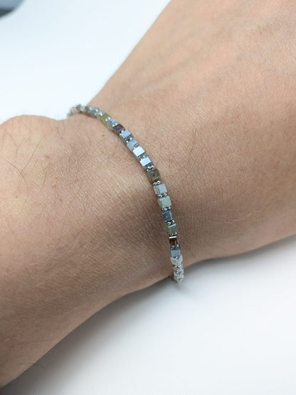 Grey Diamond Cube Solid Strand Bracelet with Rondelle Accents in 14KW and 14KW