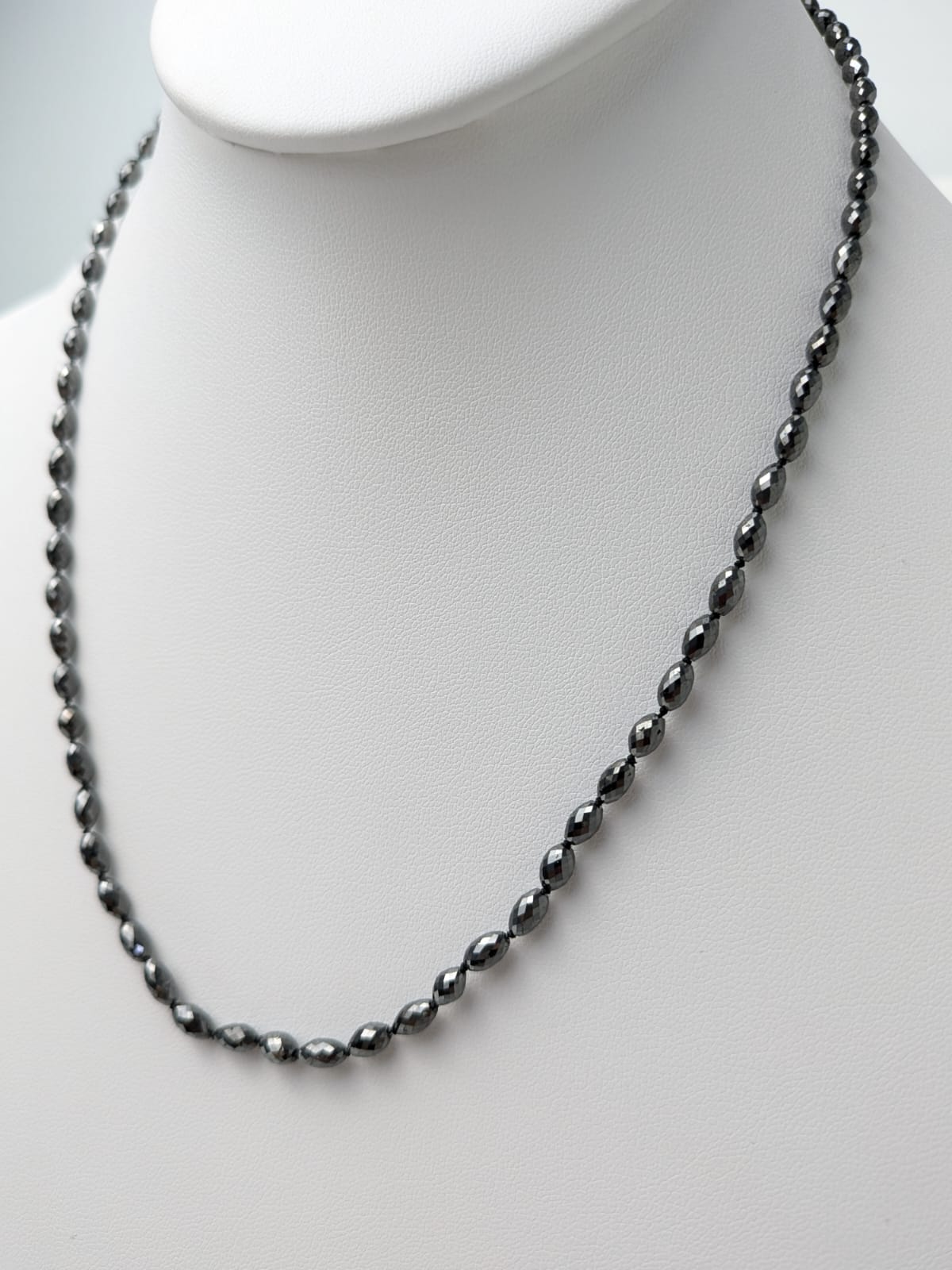 Black Diamond Knotted Solid Strand Necklace in 14KW Gold 3x5mm Oval Bead Size