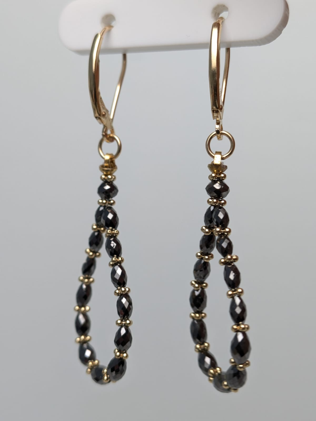 SALE - Black Diamond Oval Pear Drop Earrings With Gold Rondelles in 14KW and 14KY Gold