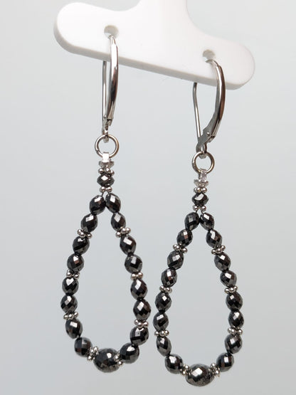 SALE - Black Diamond Oval Pear Drop Earrings With Gold Rondelles in 14KW and 14KY Gold