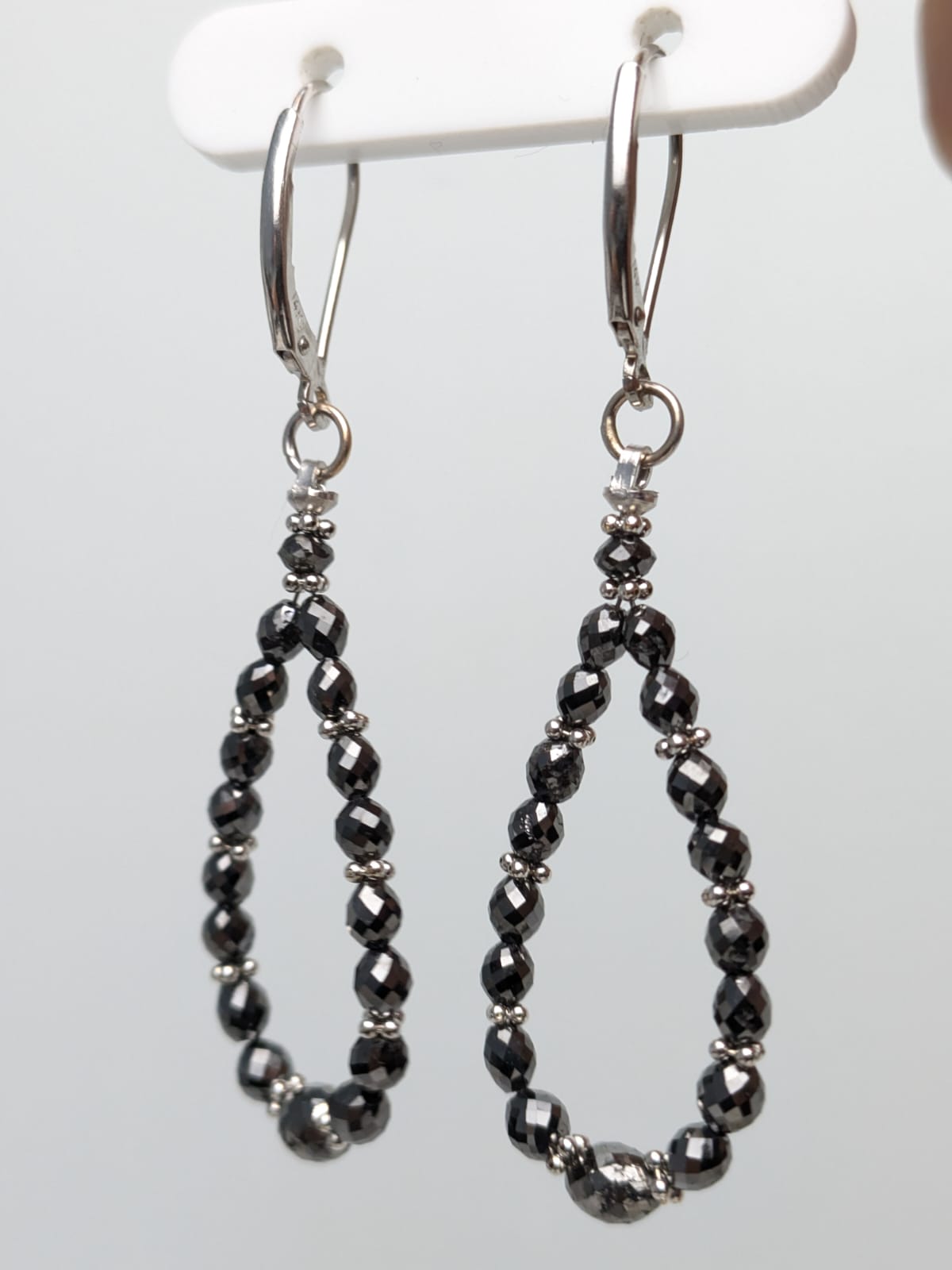 SALE - Black Diamond Oval Pear Drop Earrings With Gold Rondelles in 14KW and 14KY Gold