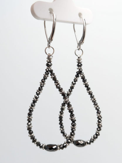 SALE - Black Diamond Pear Drop Earrings With Gold Rondelles And Black Diamond Ovals in 14KW