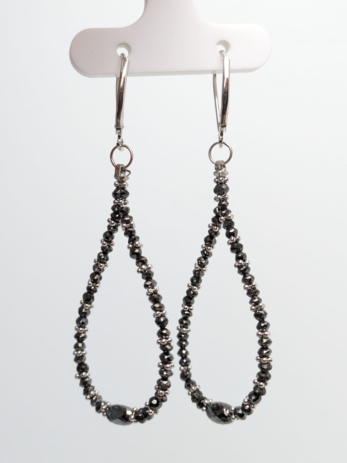 SALE - Black Diamond Pear Drop Earrings With Gold Rondelles And Black Diamond Ovals in 14KW