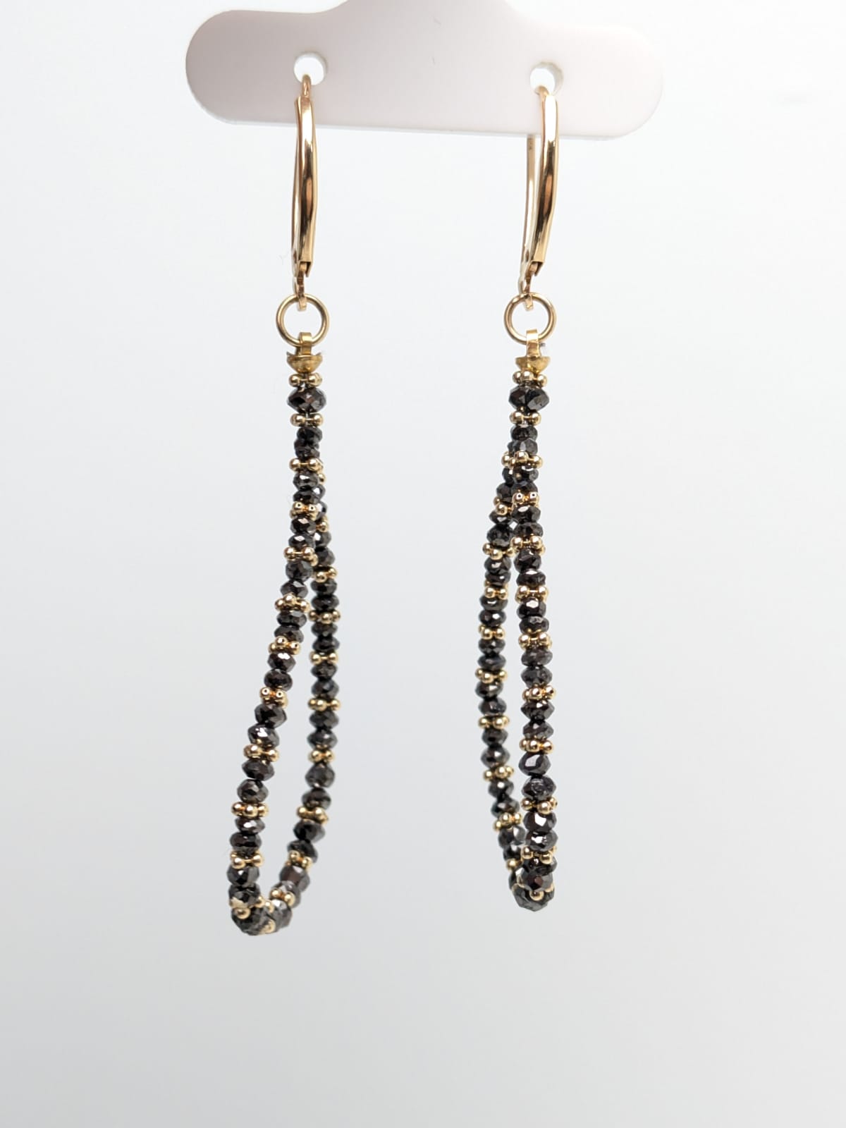 SALE - Black Diamond Pear Drop Earrings With Gold Rondelles in 14KW and 14KY 2+1