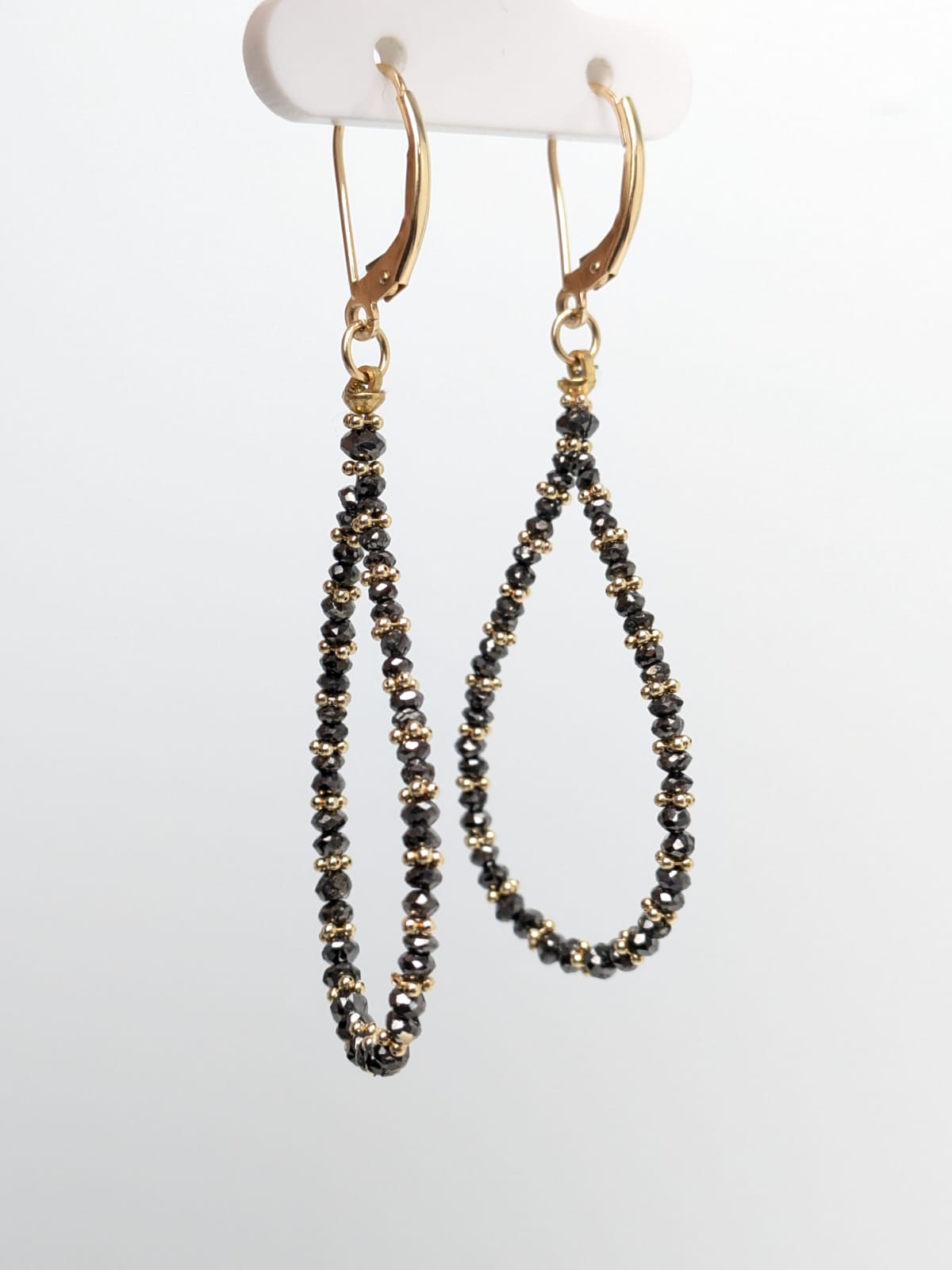 SALE - Black Diamond Pear Drop Earrings With Gold Rondelles in 14KW and 14KY 2+1