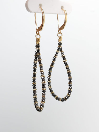 SALE - Black Diamond Pear Drop Earrings With Gold Rondelles in 14KW and 14KY 2+1